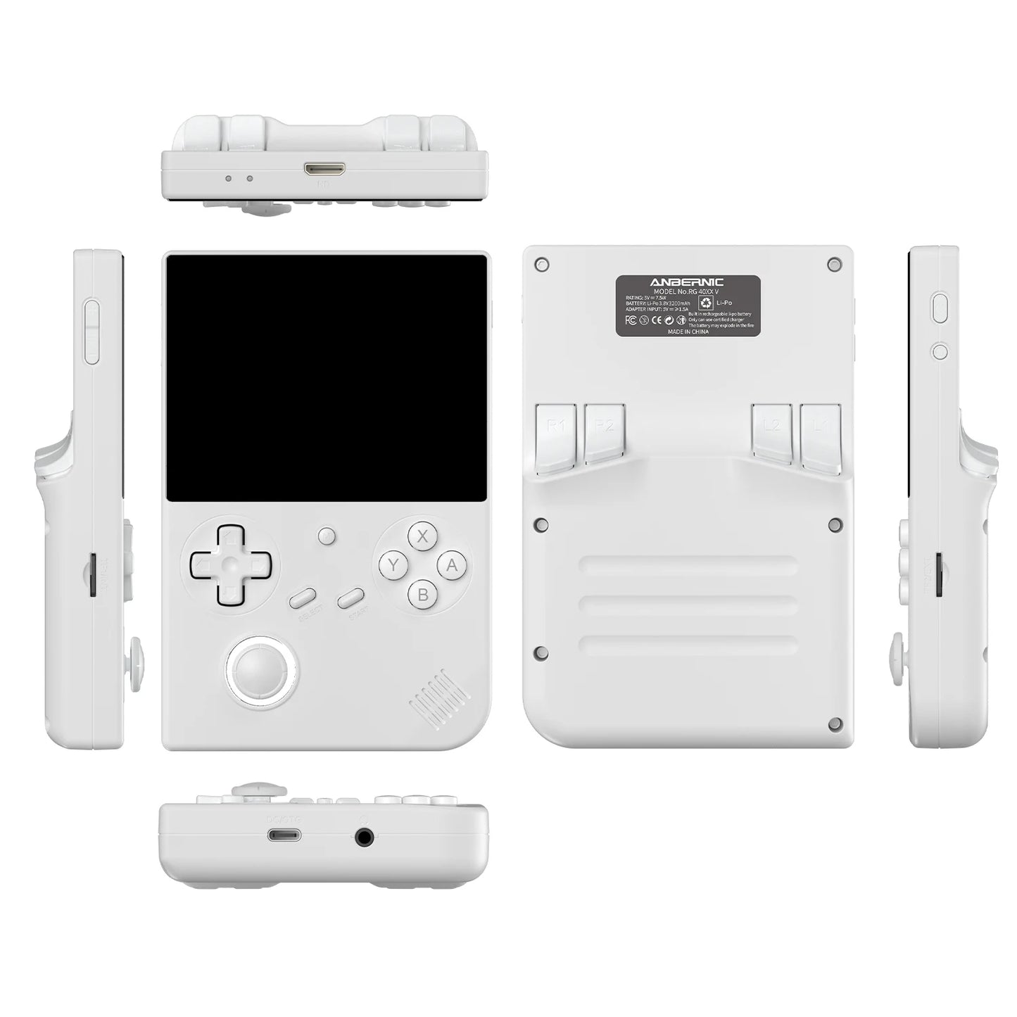 White handheld gaming console with multiple views on a white background
