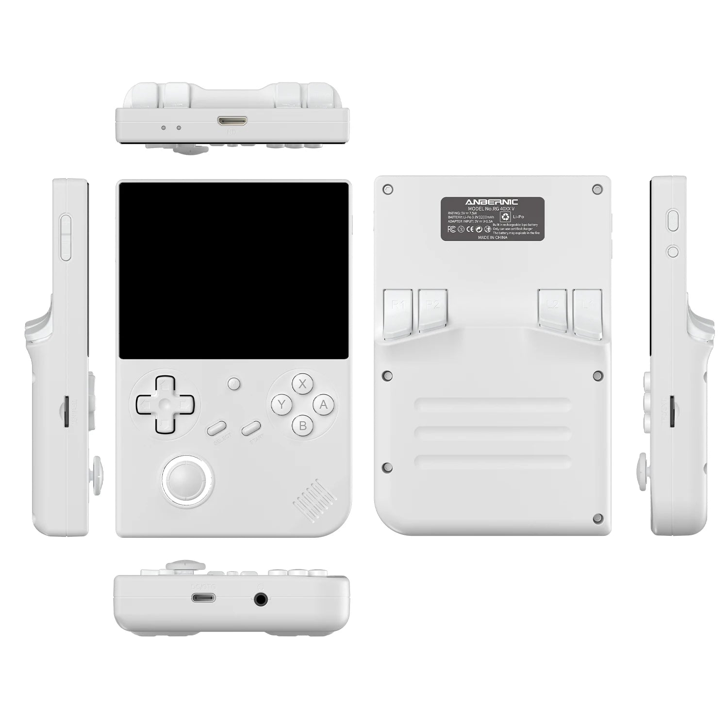 White handheld gaming console with multiple views on a white background