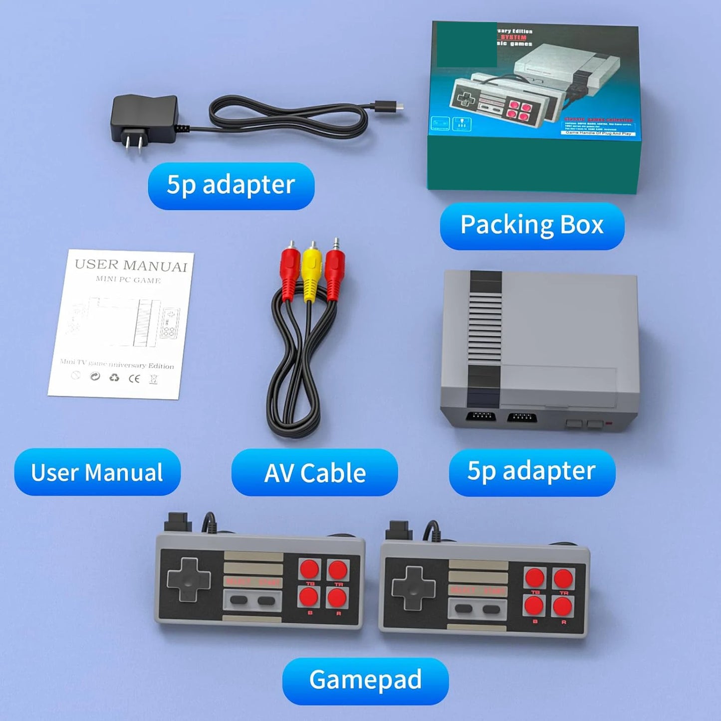 Collection of retro gaming console components including adapter, box, cable, manual, and gamepad on a blue background.