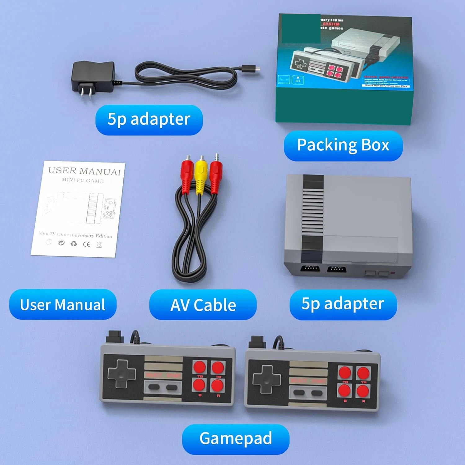 Collection of retro gaming console components including adapter, box, cable, manual, and gamepad on a blue background.