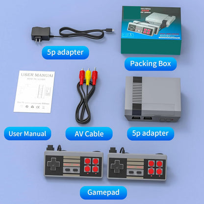 Collection of retro gaming console components including adapter, box, cable, manual, and gamepad on a blue background.