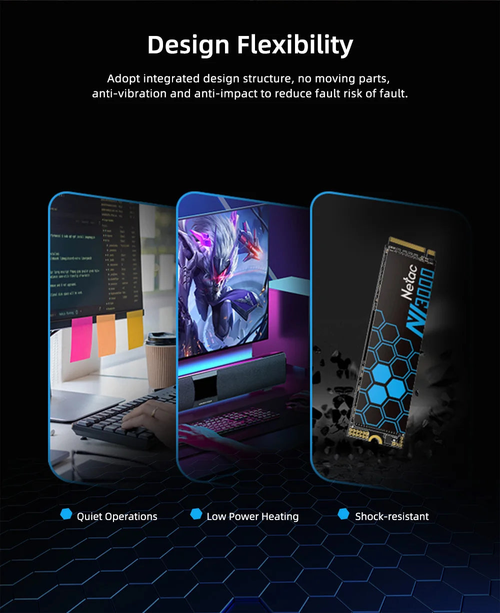 Three smartphone screens displaying different activities with text about design flexibility on a dark background.