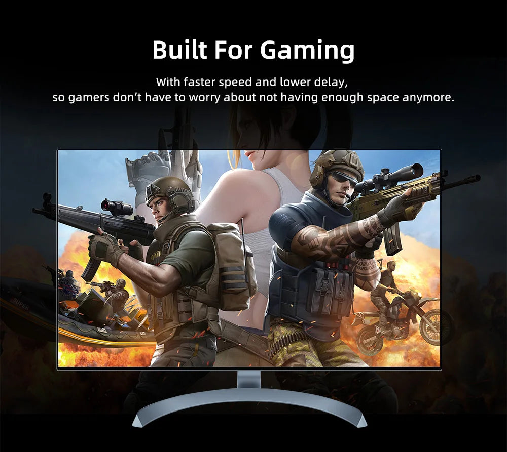 Gaming monitor displaying action-packed scene with soldiers and text about gaming performance.