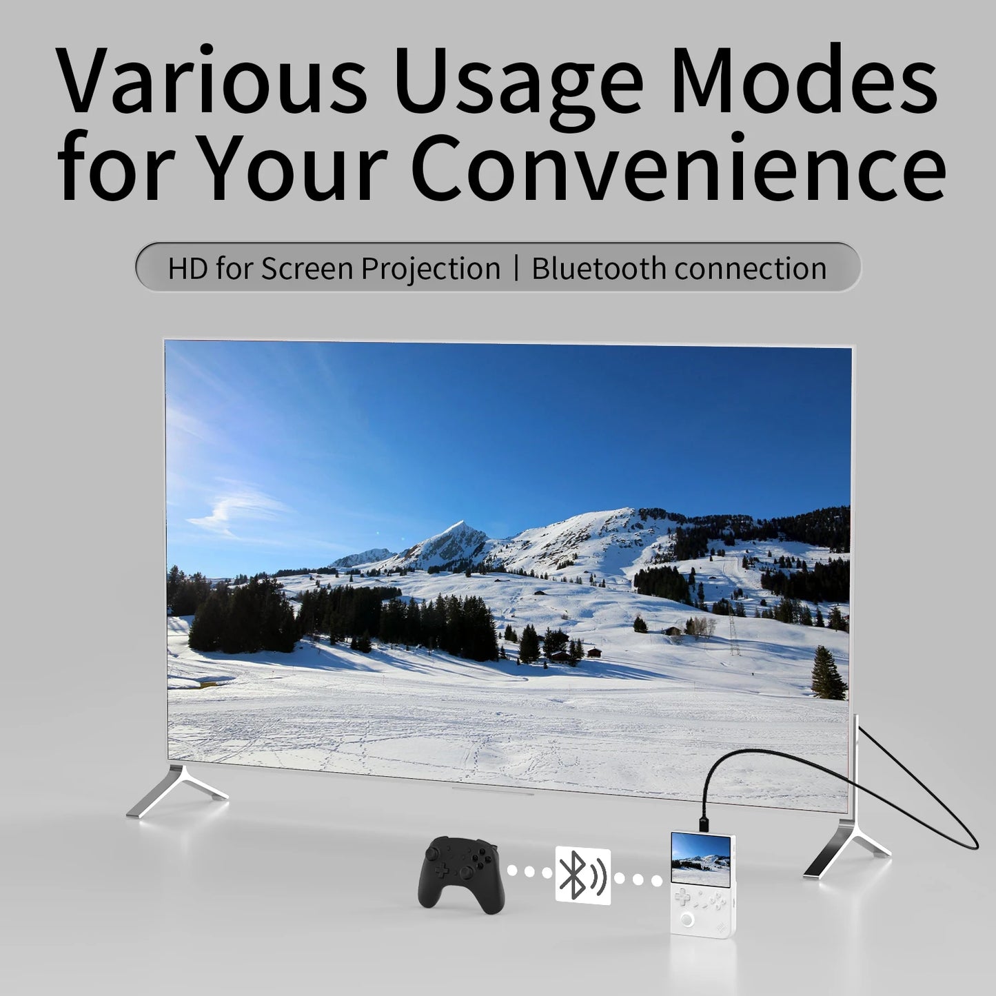 Advertisement for a device with screen projection and Bluetooth connection capabilities, showing a snowy landscape on a screen.