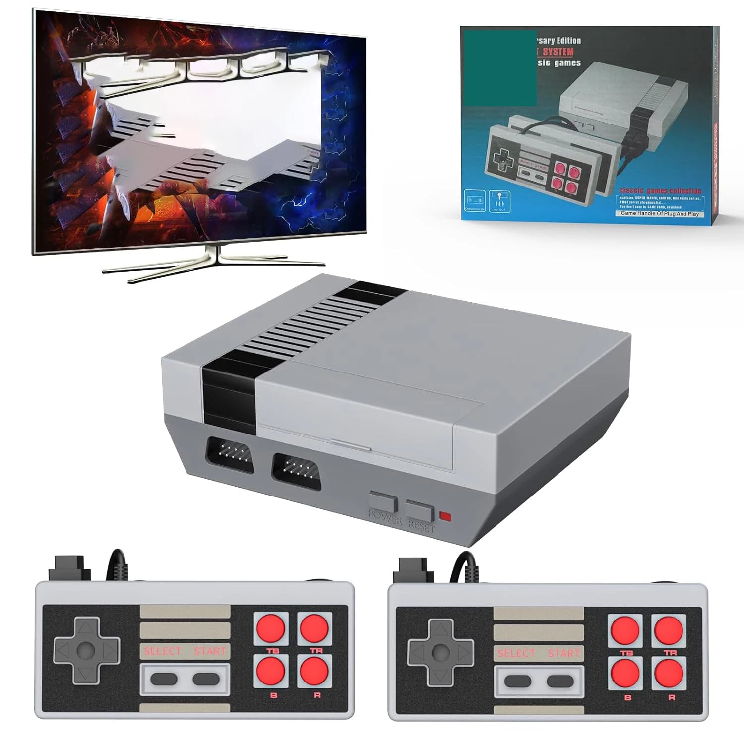 Vintage-style video game console with controllers and packaging on a white background