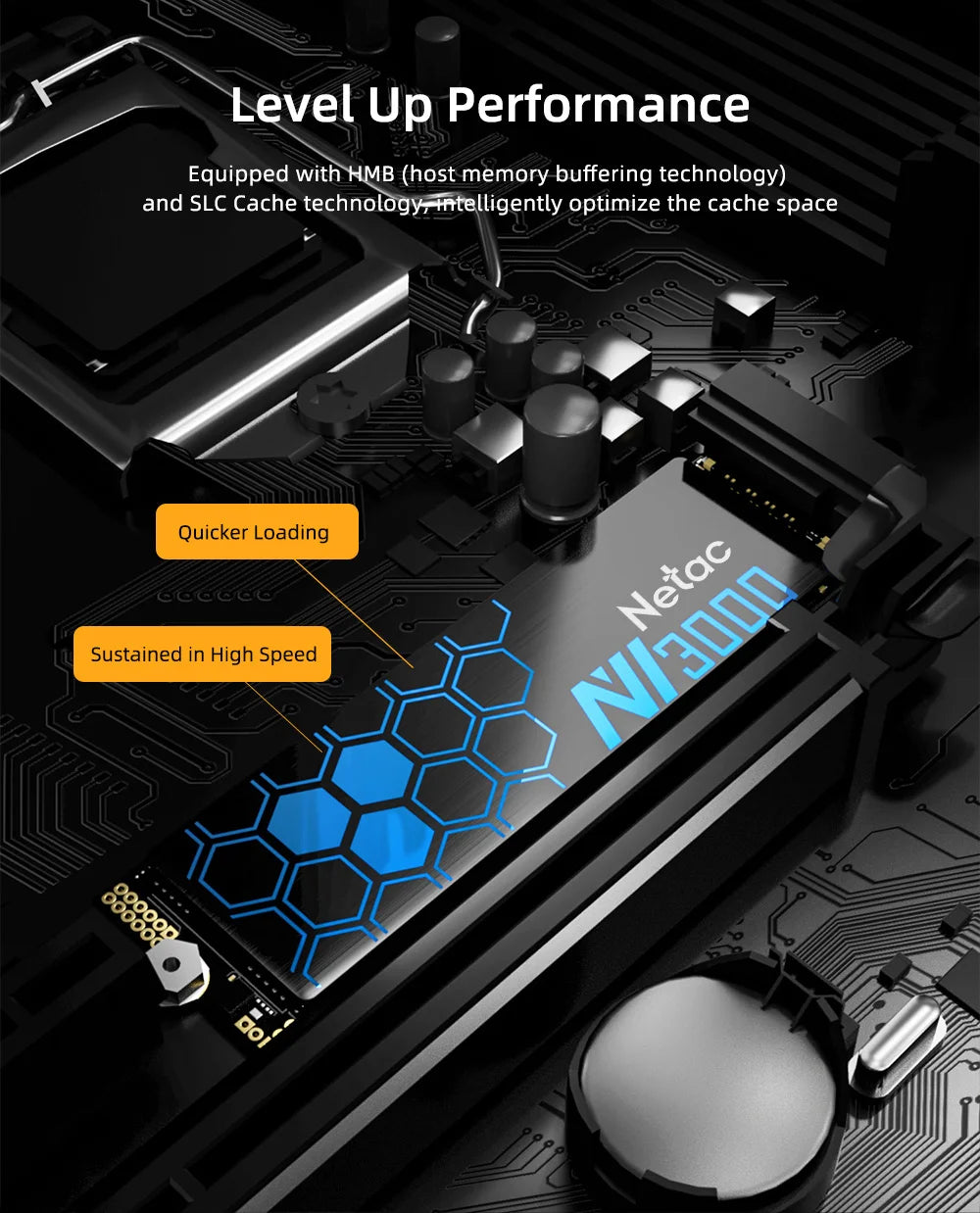 Netac NV3000 solid-state drive on a circuit board with text highlighting performance features.