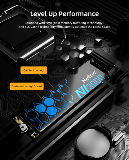 Netac NV3000 solid-state drive on a circuit board with text highlighting performance features.