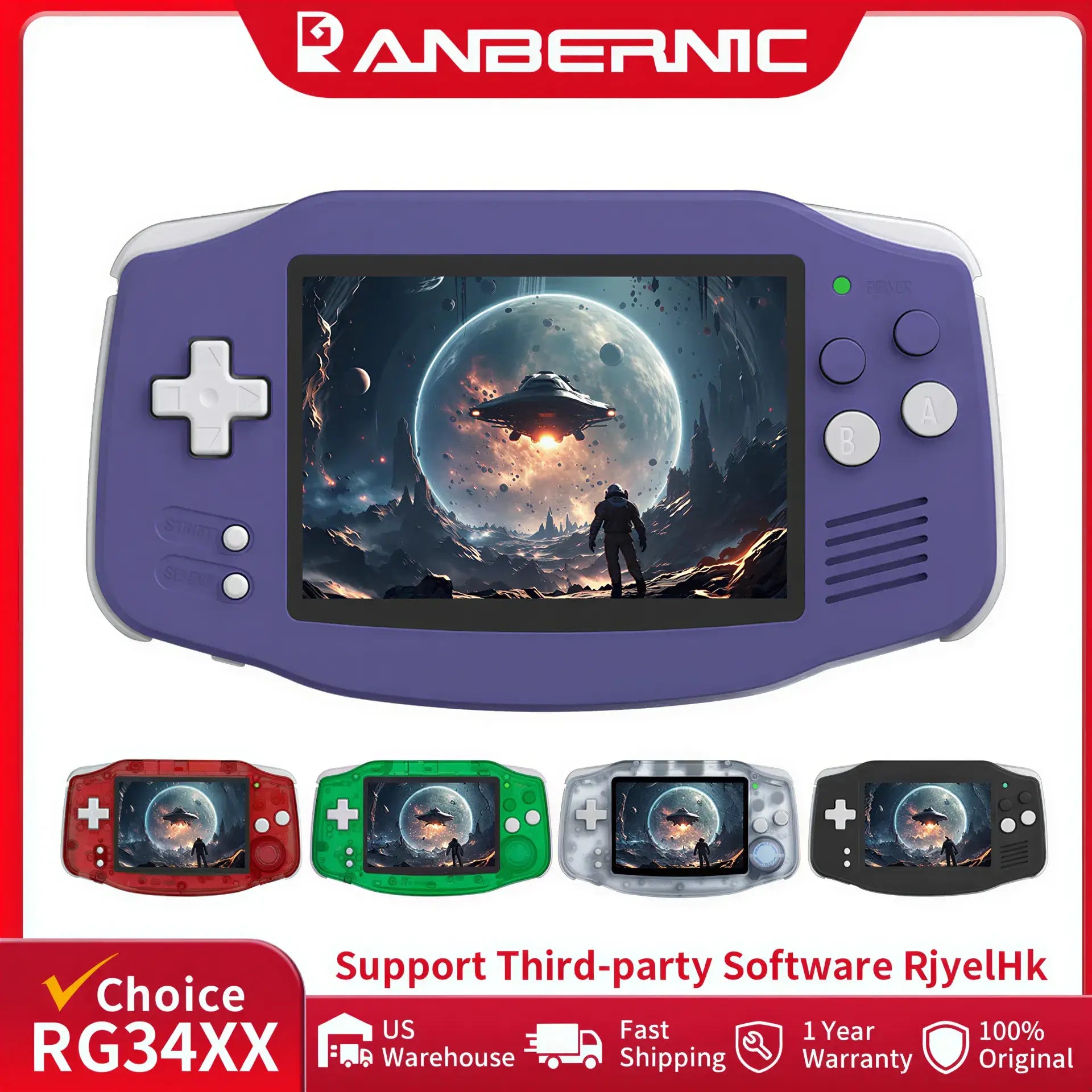 ANBERNIC RG34XX retro handheld gaming console in purple with a 3.4" IPS screen and four color options displayed below.