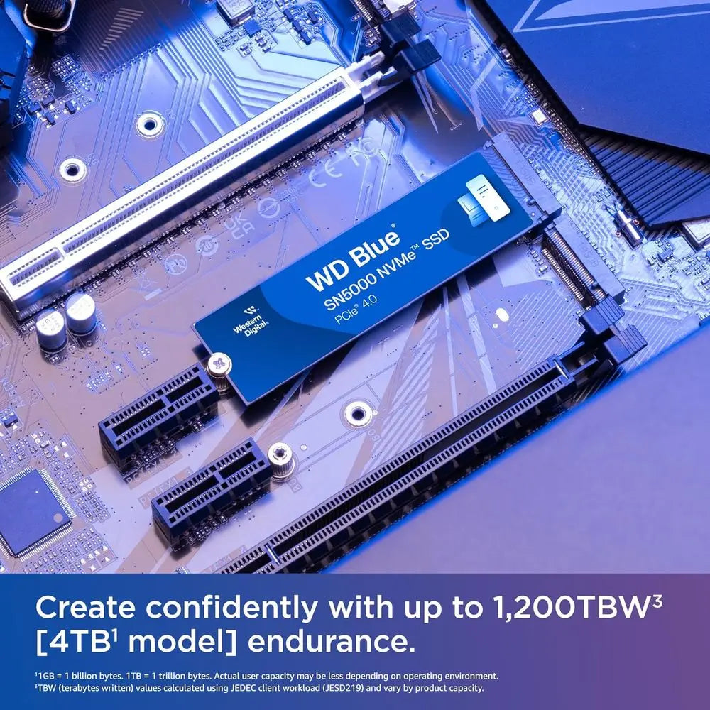 WD Blue SSD on a computer motherboard with promotional text about storage capacity.