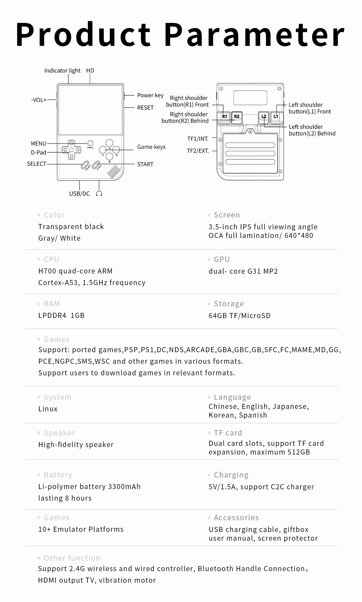 Product parameter sheet for a handheld gaming device with technical specifications.