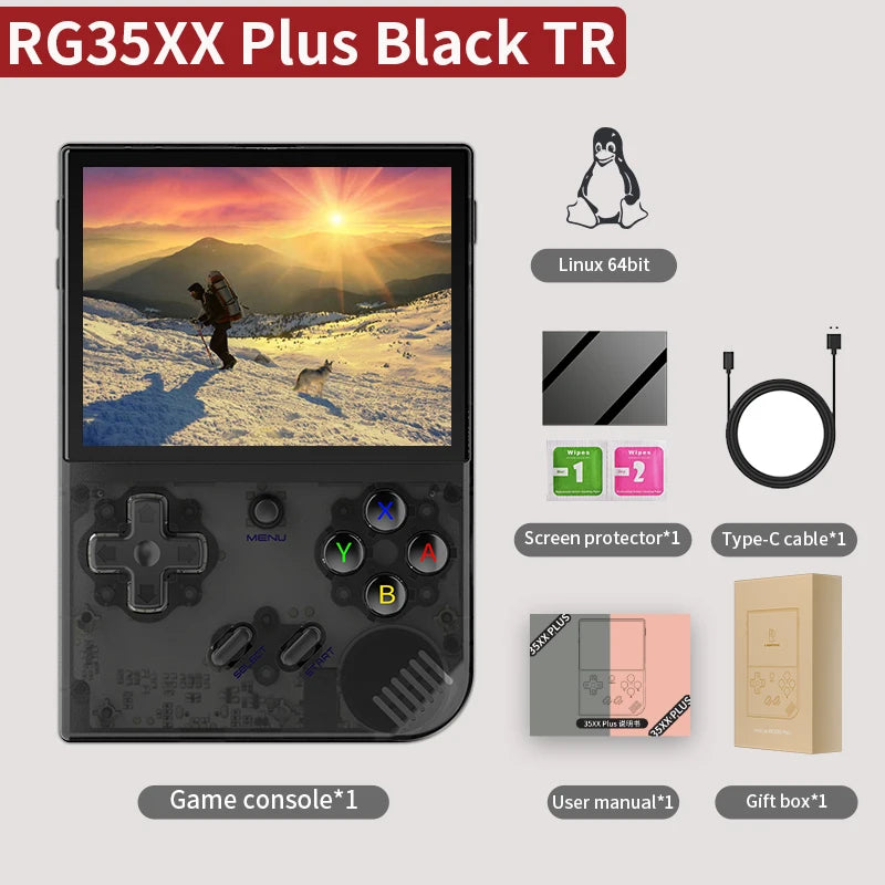 Handheld game console with screen displaying a mountain scene, surrounded by accessories on a light gray background.