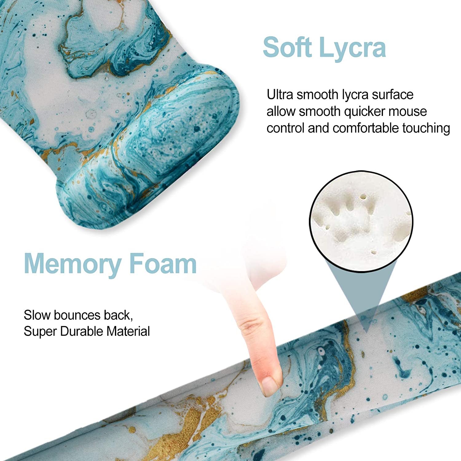 Marble-patterned mouse pad with text on soft lycra and memory foam